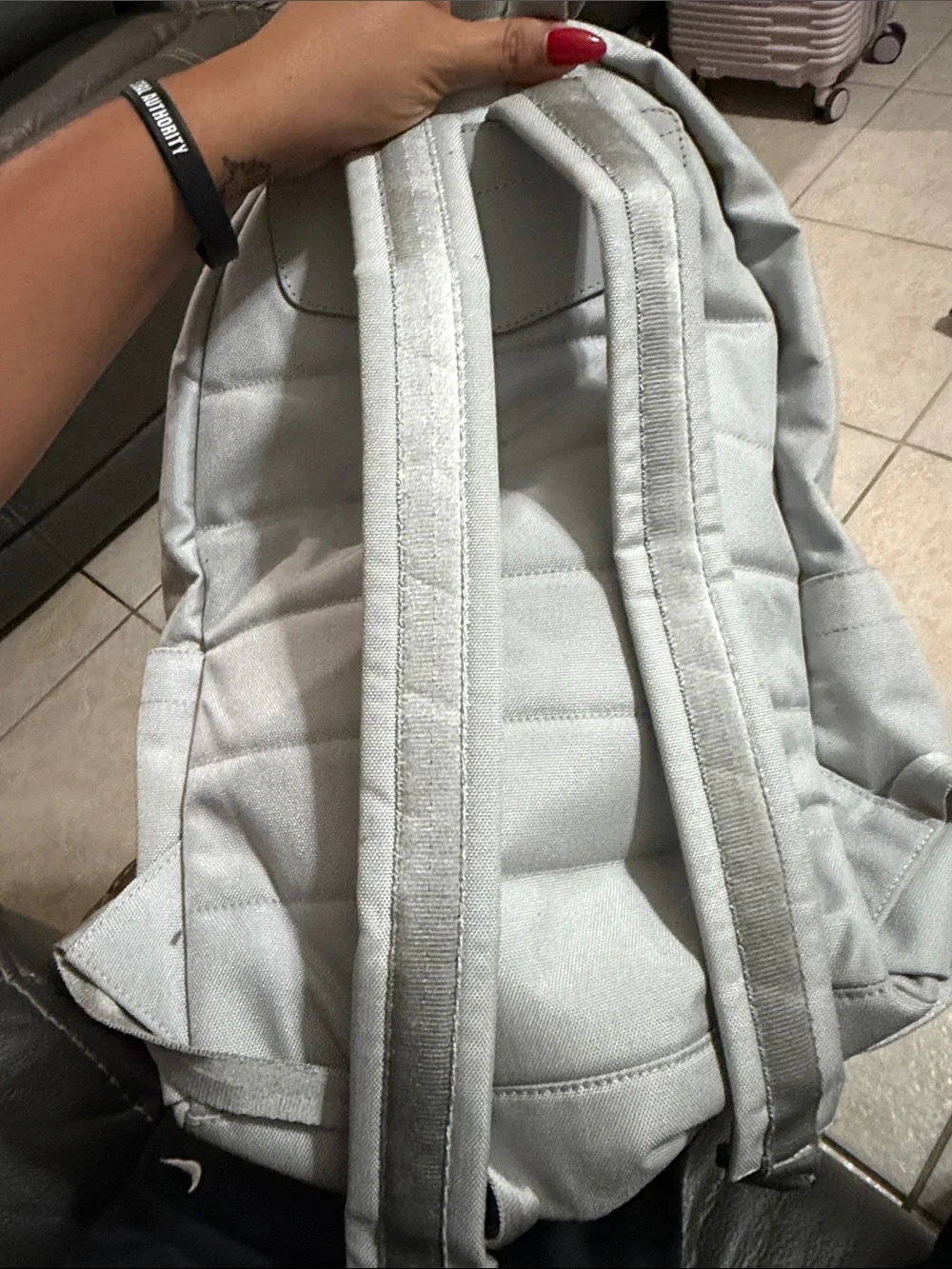 October's Very Own Light Gray Canvas Backpack with Gold Trim